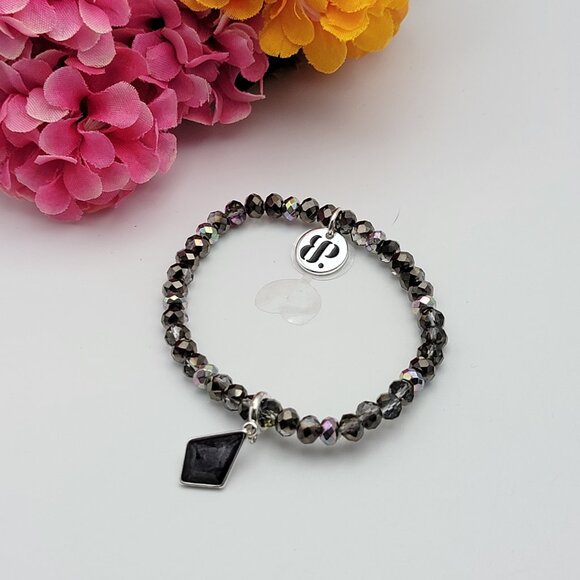 Bomb Party Black Onyx Charm Smoky Crystal Bracelet Stretch 7" Adj. Silver Tone - Picture 2 of 8